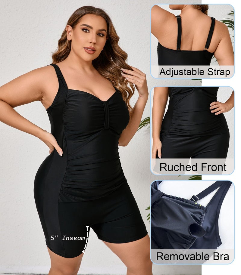 Halcurt Women's Plus Size Boyleg One Piece Swimsuit with Boyshorts Ruched Tummy Control Bathing Suit Black 1X - Image 5