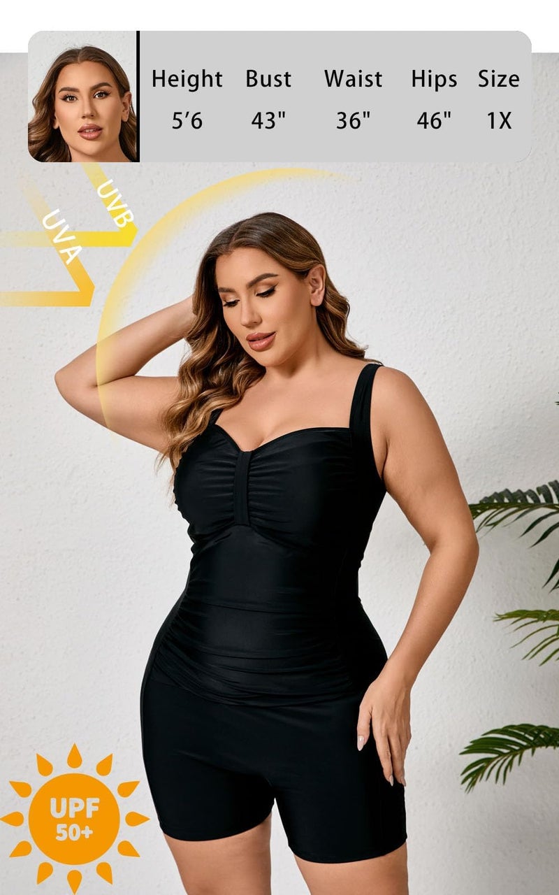 Halcurt Women's Plus Size Boyleg One Piece Swimsuit with Boyshorts Ruched Tummy Control Bathing Suit Black 1X - Image 4