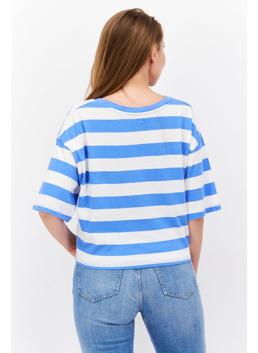 Women Round Neck Short Sleeves Stripe Shirt, Blue - pzsku/Z7B954A0A453131062E5AZ/45/_/1739715456/7b449333-1594-46cb-9774-aa39086639de