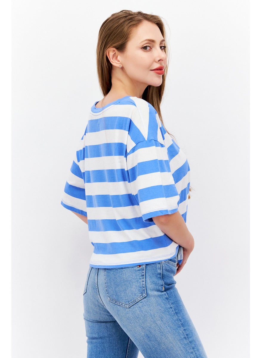 Women Round Neck Short Sleeves Stripe Shirt, Blue - pzsku/Z7B954A0A453131062E5AZ/45/_/1739715465/e3c7c899-f6e4-4877-aca4-895a15a38035