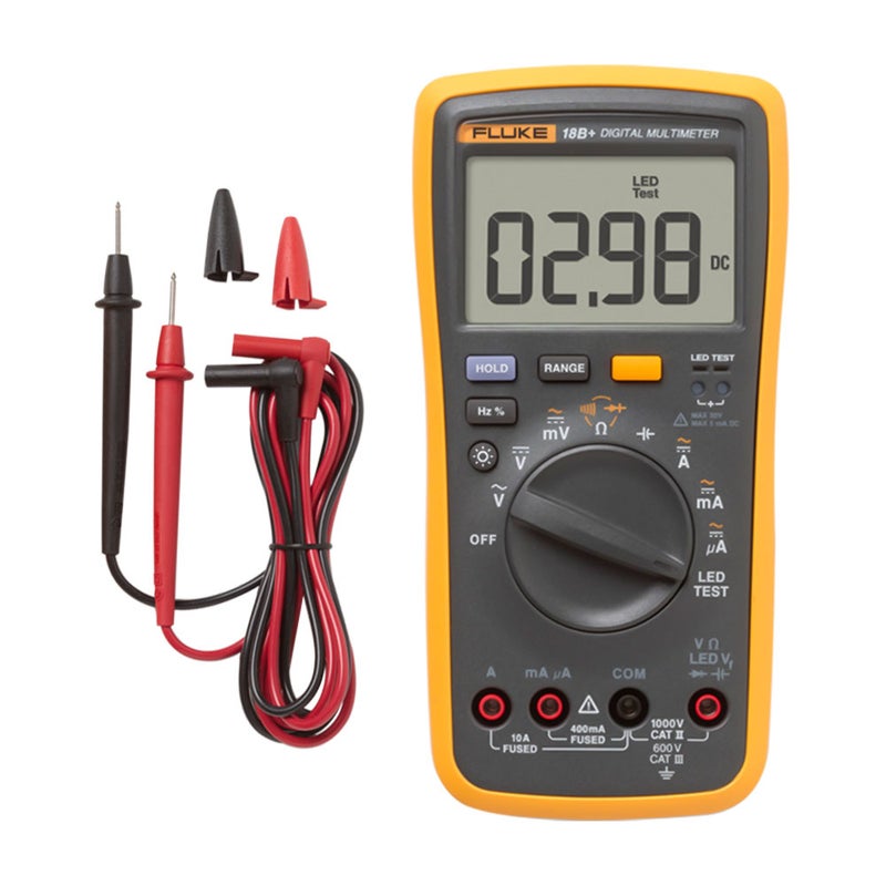 المقياس الرقمي المحمول Fluke F18B+ ذي 4000 عداد، مقياس متعدد الاستخدامات محمول، مقياس الجهد ومقياس التيار المحمول، مقياس الجهد العمومي للقياس على الجهد المتردد/المباشر والمقاومة والسعة والديود والاستمرارية والتردد ودورة الوظيفة واختبار المصباح التوهجية (LED) - Image 1