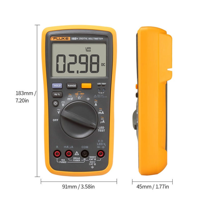 المقياس الرقمي المحمول Fluke F18B+ ذي 4000 عداد، مقياس متعدد الاستخدامات محمول، مقياس الجهد ومقياس التيار المحمول، مقياس الجهد العمومي للقياس على الجهد المتردد/المباشر والمقاومة والسعة والديود والاستمرارية والتردد ودورة الوظيفة واختبار المصباح التوهجية (LED) - Image 4