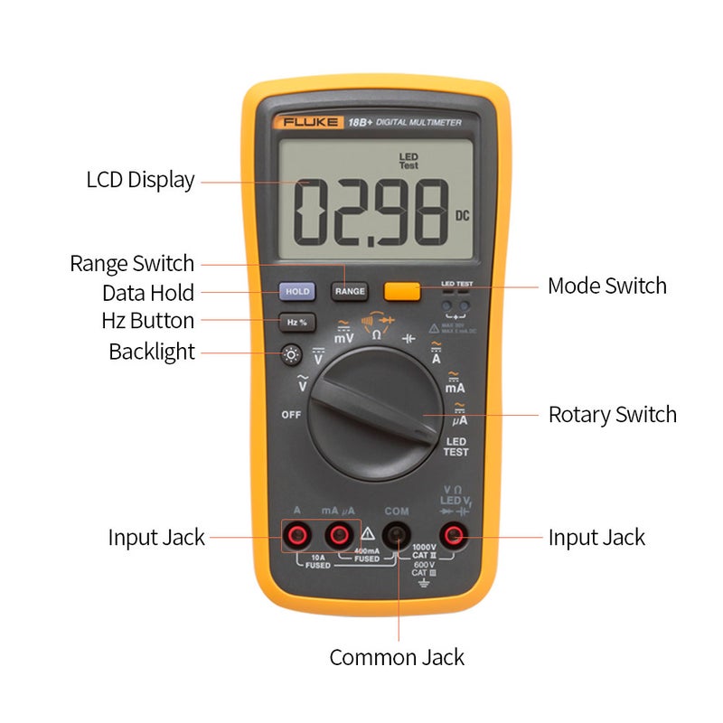 المقياس الرقمي المحمول Fluke F18B+ ذي 4000 عداد، مقياس متعدد الاستخدامات محمول، مقياس الجهد ومقياس التيار المحمول، مقياس الجهد العمومي للقياس على الجهد المتردد/المباشر والمقاومة والسعة والديود والاستمرارية والتردد ودورة الوظيفة واختبار المصباح التوهجية (LED) - Image 3