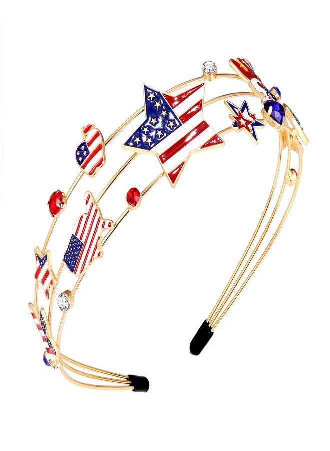 HSWE 4th of July Patriotic Headband Hat USA Letter Hairband Crystal Red White Blue Independence Day American Flag Star Headpiece - Image 1