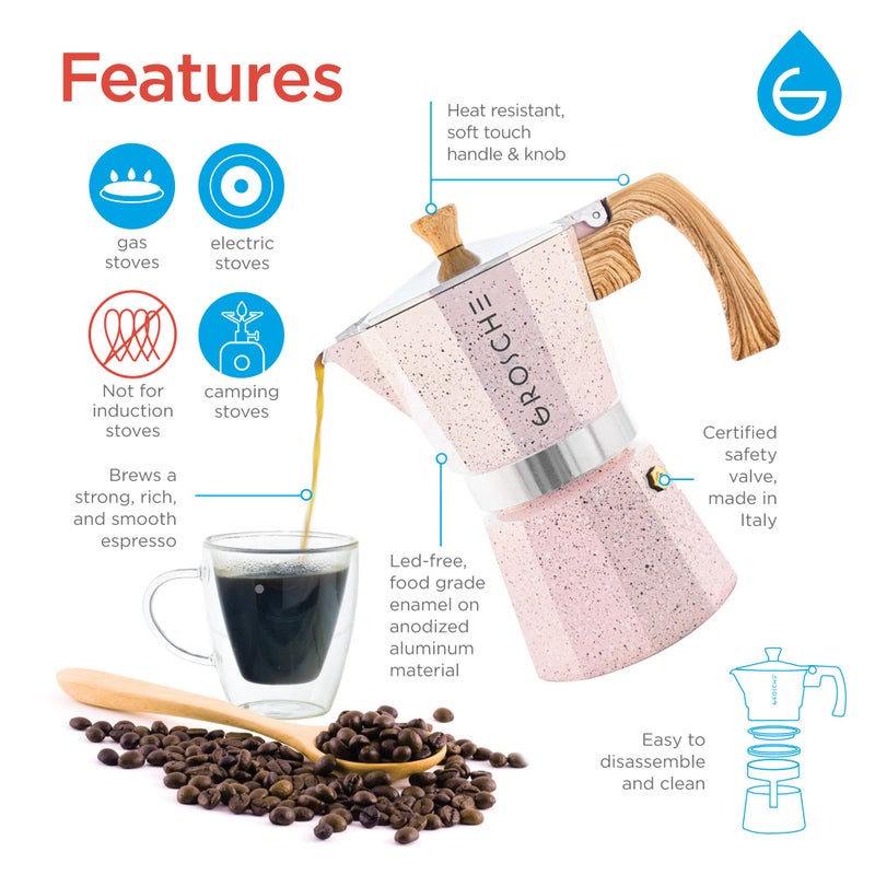 GROSCHE Milano Moka pot, Stovetop Espresso maker, Greca Coffee Maker, Stovetop coffee maker and espresso maker percolator (Pink, 3 cup) - Image 3
