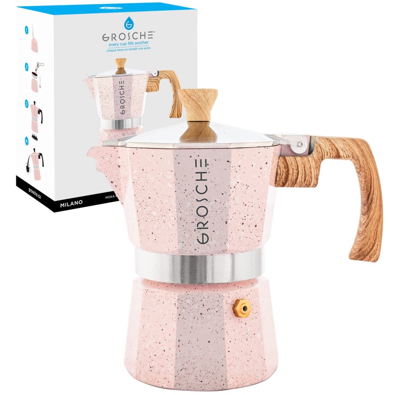 GROSCHE Milano Moka pot, Stovetop Espresso maker, Greca Coffee Maker, Stovetop coffee maker and espresso maker percolator (Pink, 3 cup) - Image 1