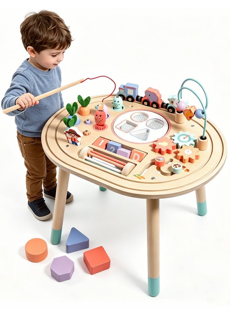 XICEN 10-in-1 Wooden Sensory Activity Table, Toddler Montessori Play Table with Shape Sorter, Fishing Game, Bead Maze & Train Track, Educational Learning Toy, Enhance Hand-Eye Coordination & Motor Skills, Gift for Boys & Girls - Image 2