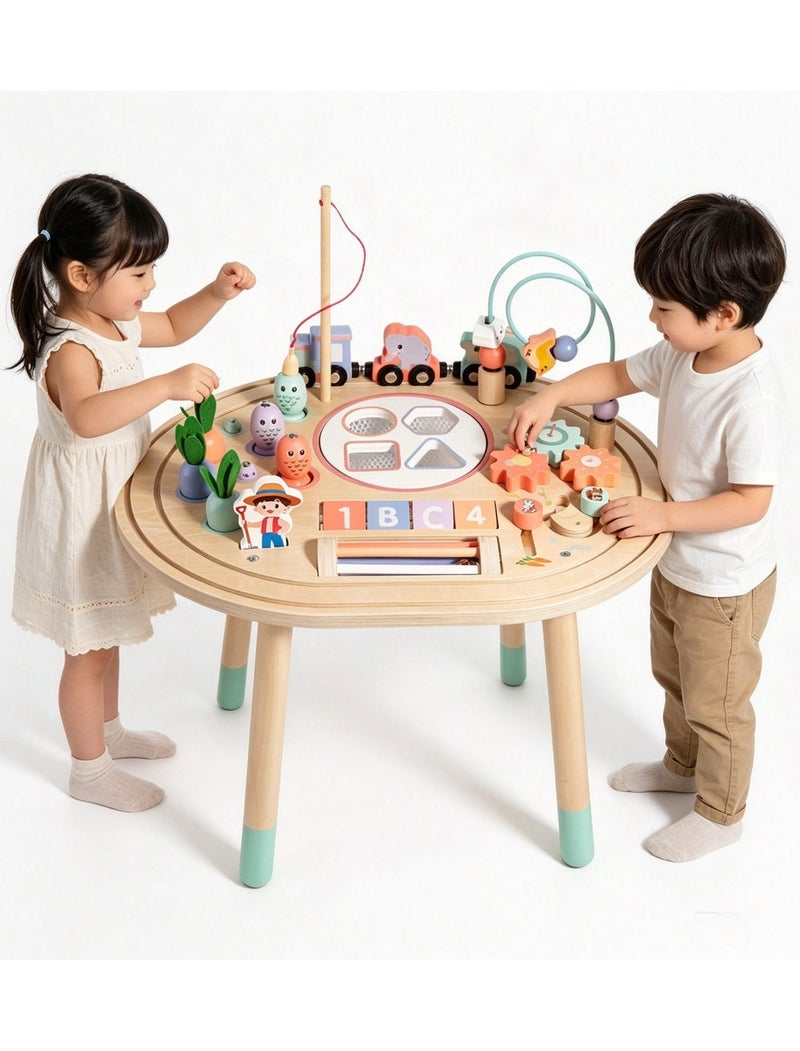 XICEN 10-in-1 Wooden Sensory Activity Table, Toddler Montessori Play Table with Shape Sorter, Fishing Game, Bead Maze & Train Track, Educational Learning Toy, Enhance Hand-Eye Coordination & Motor Skills, Gift for Boys & Girls - Image 1