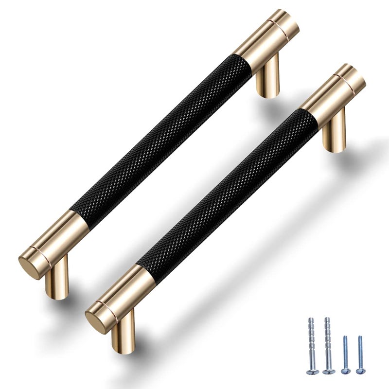 Gutuwellea 30 Pack 5 Inch 128 mm Knurled Cabinet Handles Cabinet Pulls Aluminum Handles Knurled Drawer Pulls Gold and Black Oxidation Finish with Diamond Pattern 6.2"" Length (5"" Hole Center) - Image 1