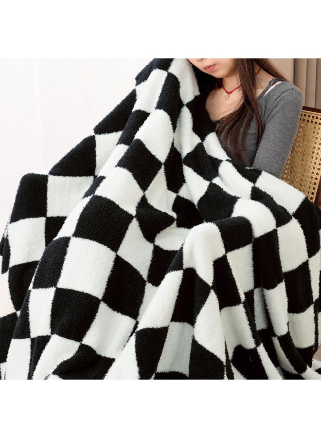 PHF PHF Checkered Throw Blanket, Soft Knit Fluffy Aestheic Grid Blanket, Cozy Lightweight Checkerboard Fleece Blanket for Couch Bed Sofa, Black, 50" x 60"  - Image 2