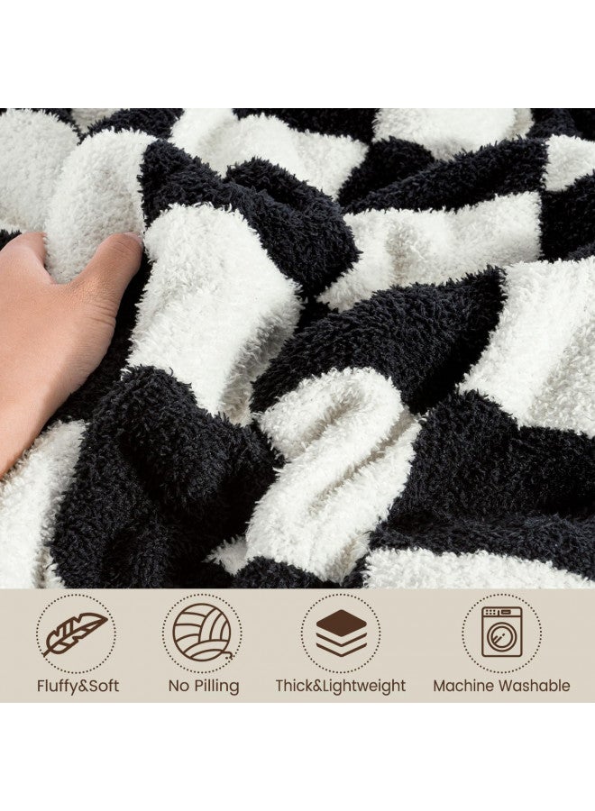 PHF PHF Checkered Throw Blanket, Soft Knit Fluffy Aestheic Grid Blanket, Cozy Lightweight Checkerboard Fleece Blanket for Couch Bed Sofa, Black, 50" x 60"  - Image 1