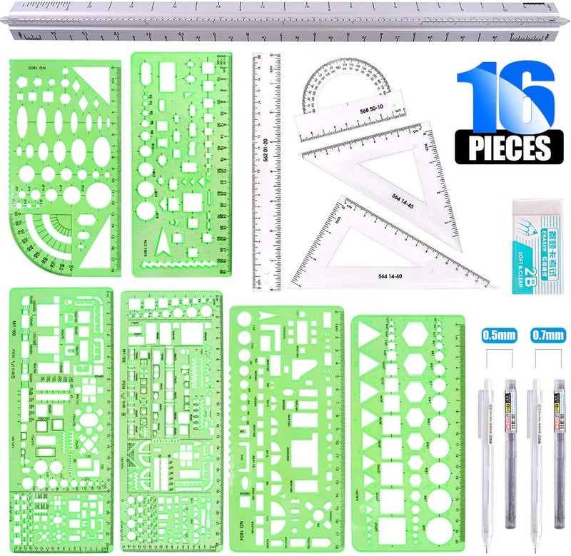 Glarks 16 Pieces Measuring Templates Building Formwork Stencils Geometric Drawing Rulers and Triangular Architect Scale Ruler with Pencil, Pencil Lead Refills, Eraser for Office and School - Image 1