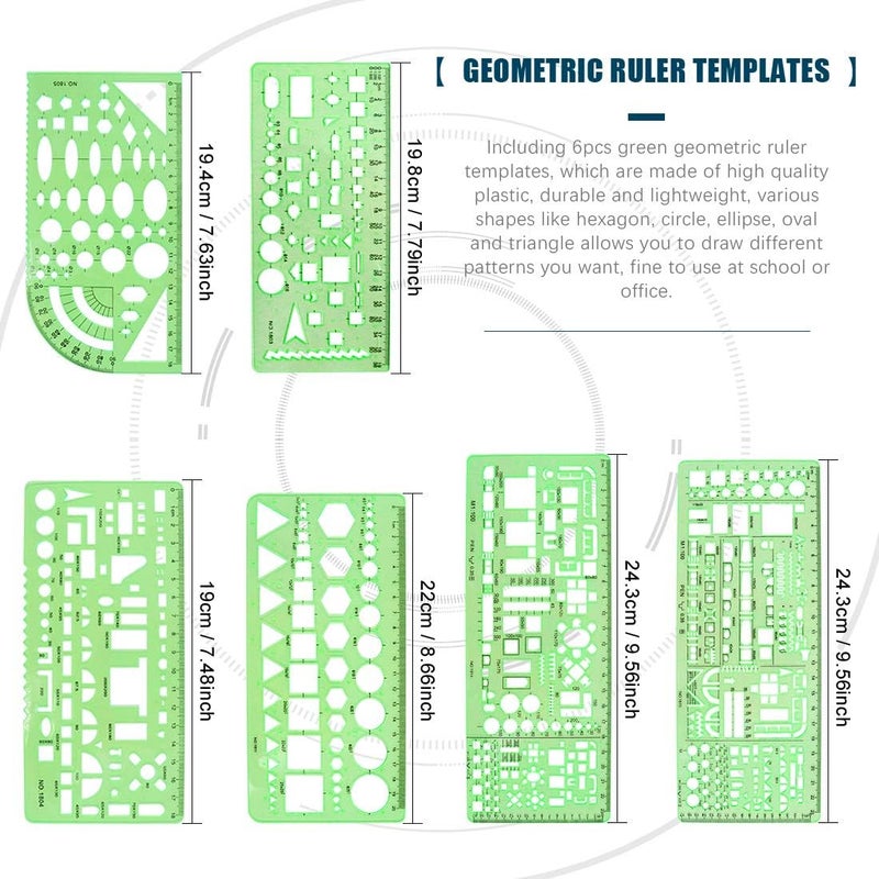 Glarks 16 Pieces Measuring Templates Building Formwork Stencils Geometric Drawing Rulers and Triangular Architect Scale Ruler with Pencil, Pencil Lead Refills, Eraser for Office and School - Image 2