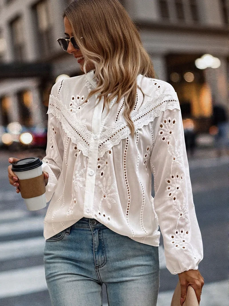 OUTZIDR White Full Sleeves Schiffli Blouse