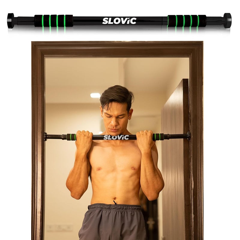 SLOVIC Pull-Up Bar for Home Workout | Non-Slip Carbon Steel Gym Bar (Load Capacity: 100 Kg) | Adjustable in Length, Mountable Door Bar with Foam Pads & Rubber Stoppers | Black, Size: 62 â€“ 100cm - Image 1