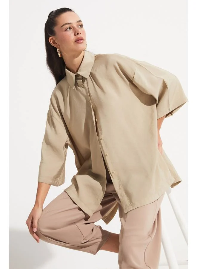 JUNE June Slit Detailed Flowy Shirt Olive