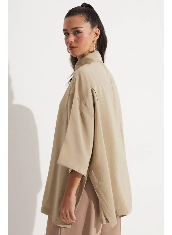 JUNE June Slit Detailed Flowy Shirt Olive