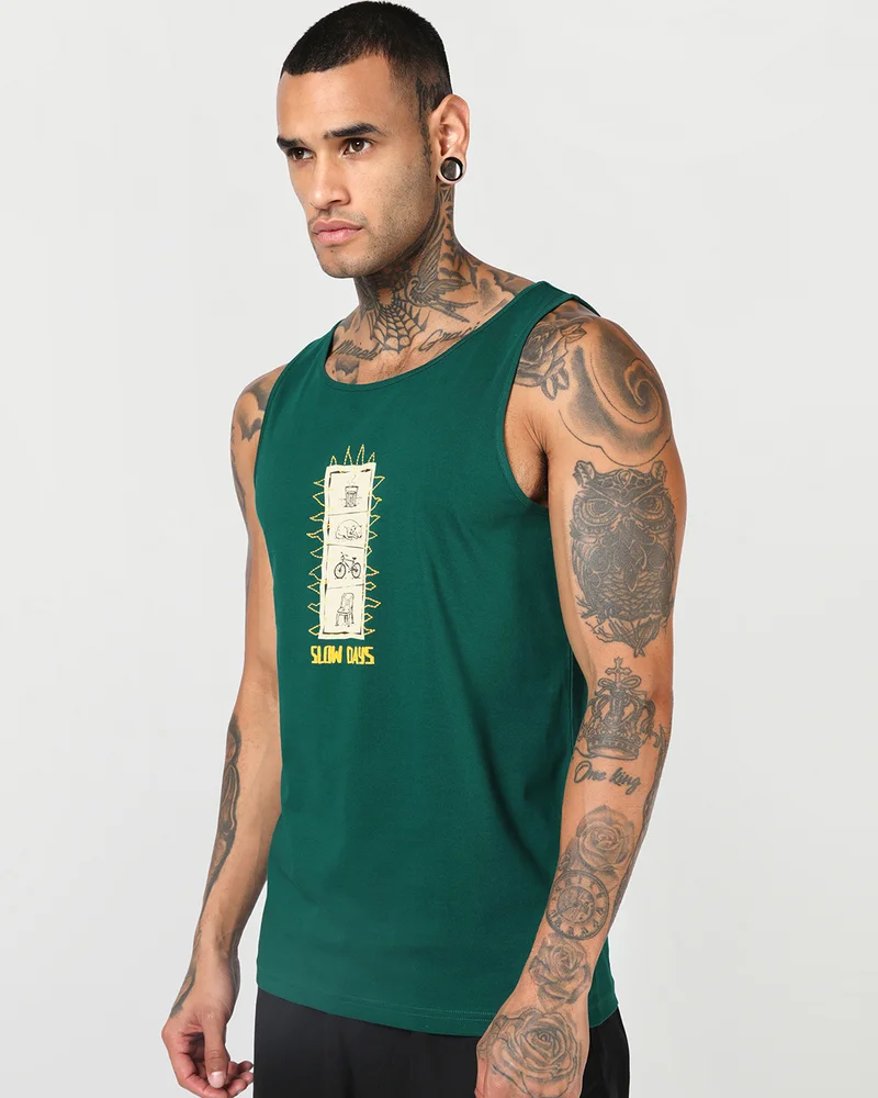 bewakoof Men's Aventurine Green Let It Happen Graphic Printed Oversized Vest