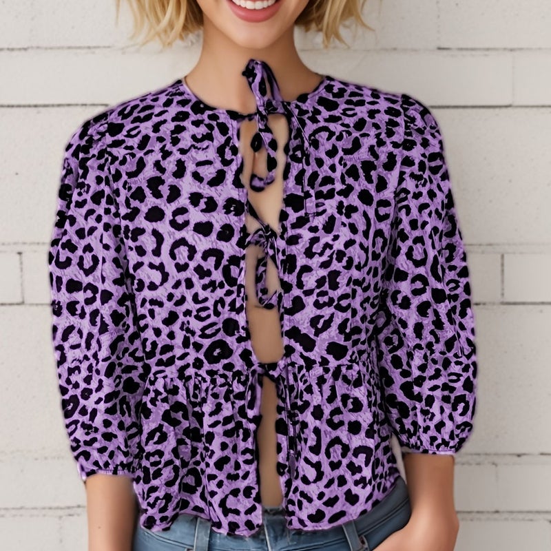 Womens Lace-Up Front Top Leopard Print Ruffled Doll Top 3/4 Length Puff Sleeve purple leopard print
