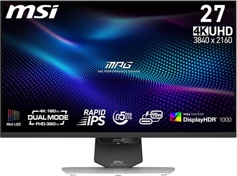 إم اس أي MPG 274URDFW E16M 27" 4K UHD Mini-LED Gaming Monitor, 160Hz/0.5ms GTG Rapid IPS, HDR1000, 1152 Local Dimming Zones, 98% DCI-P3, 100% AdobeRGB, HDMI 2.1, DisplayPort 1.4a, USB-C 98W PD, Adaptive-Sync, Adjustable Stand, White | 9S6-3CF09H-020 - Image 1