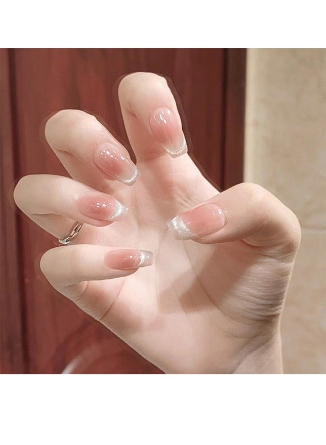 Cat Eye Wearable Nails Smile French Blush Cat Eye Manicure Finished Wearable Nail Stickers Nail Art Strips For Women And Girls 24 Piece Manicure - Image 3