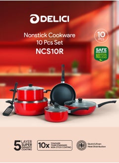 10 Piece Nonstick Aluminium Cookware Set With 10X Tougher Coating, Quick Heat Distribution, Heat Resistant Handles, Includes 30cm&24cm Saucepan With Glass Lids, 28cm Wok Pan With Glass Lid,18cm Milk Pan With Glass Lid,26cm Frypan,1 Pcs Nylon Turner-NCS10R