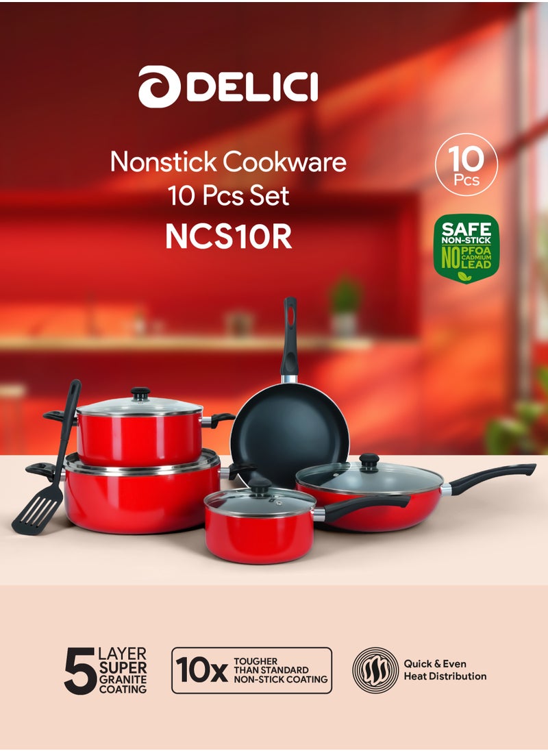 DELICI 10 Piece Nonstick Aluminium Cookware Set With 10X Tougher Coating, Quick Heat Distribution, Heat Resistant Handles, Includes 30cm&24cm Saucepan With Glass Lids, 28cm Wok Pan With Glass Lid,18cm Milk Pan With Glass Lid,26cm Frypan,1 Pcs Nylon Turner-NCS10R  - Image 1