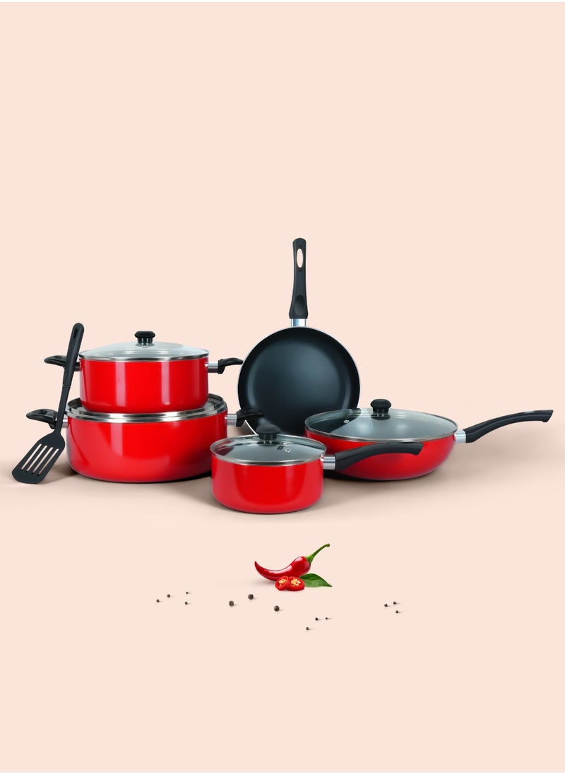 DELICI 10 Piece Nonstick Aluminium Cookware Set With 10X Tougher Coating, Quick Heat Distribution, Heat Resistant Handles, Includes 30cm&24cm Saucepan With Glass Lids, 28cm Wok Pan With Glass Lid,18cm Milk Pan With Glass Lid,26cm Frypan,1 Pcs Nylon Turner-NCS10R  - Image 2