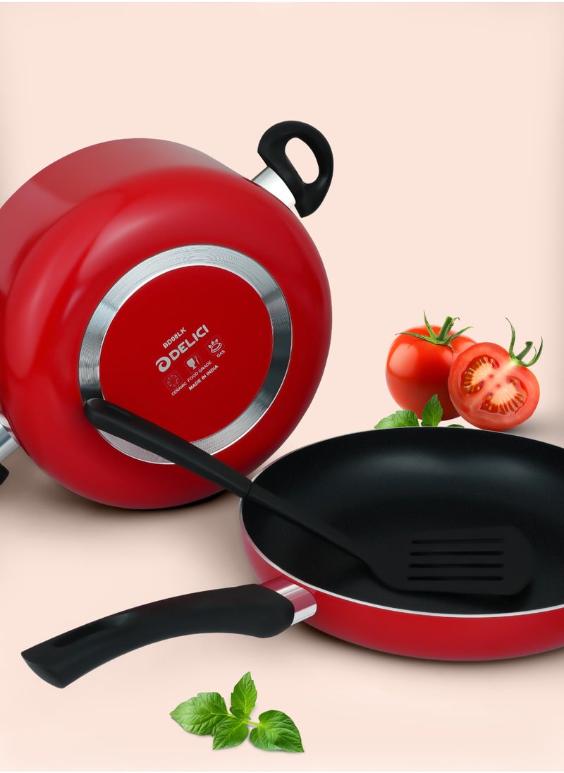DELICI 10 Piece Nonstick Aluminium Cookware Set With 10X Tougher Coating, Quick Heat Distribution, Heat Resistant Handles, Includes 30cm&24cm Saucepan With Glass Lids, 28cm Wok Pan With Glass Lid,18cm Milk Pan With Glass Lid,26cm Frypan,1 Pcs Nylon Turner-NCS10R  - Image 3