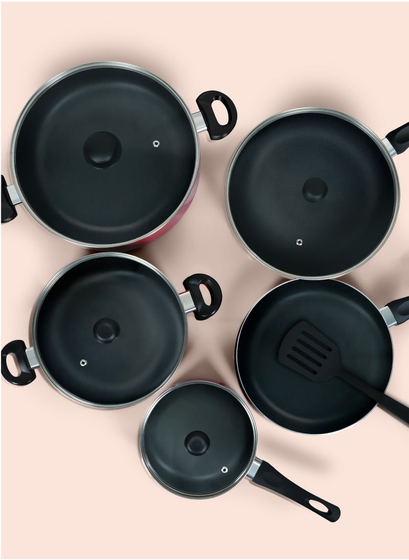 DELICI 10 Piece Nonstick Aluminium Cookware Set With 10X Tougher Coating, Quick Heat Distribution, Heat Resistant Handles, Includes 30cm&24cm Saucepan With Glass Lids, 28cm Wok Pan With Glass Lid,18cm Milk Pan With Glass Lid,26cm Frypan,1 Pcs Nylon Turner-NCS10R  - Image 4