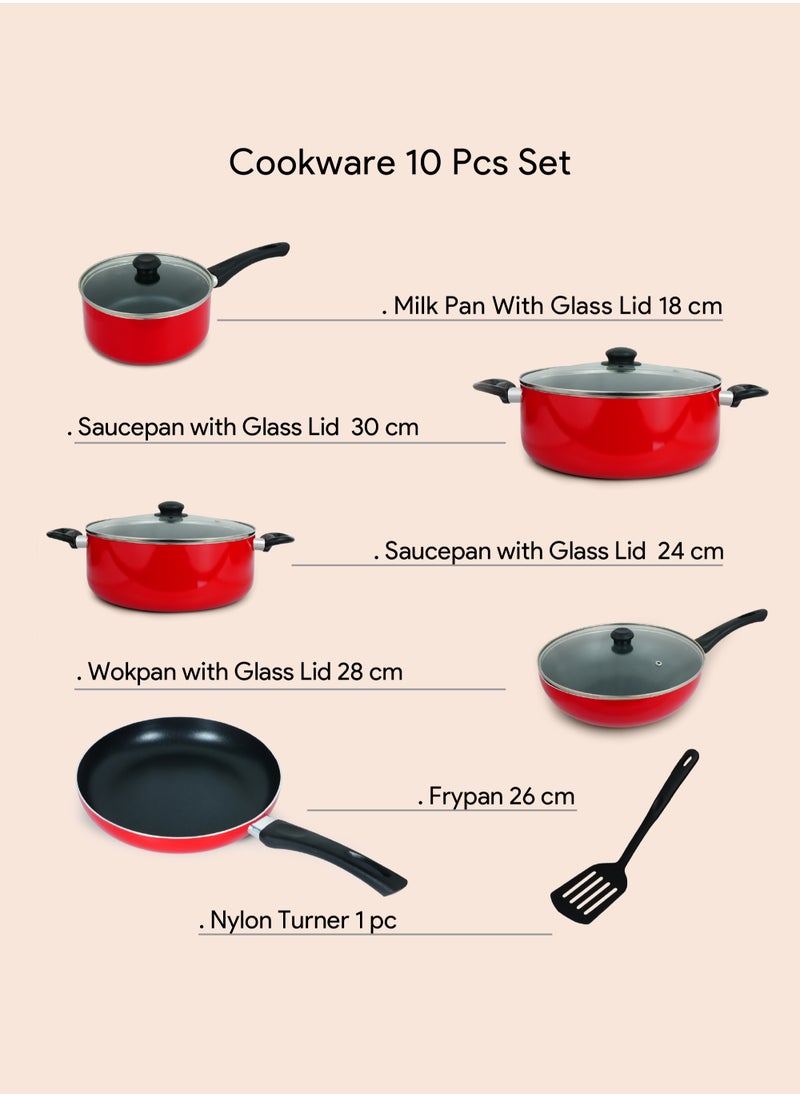DELICI - 10 Piece Nonstick Aluminium Cookware Set With 10X Tougher Coating, Quick Heat Distribution, Heat Resistant Handles, Includes 30cm&24cm Saucepan With Glass Lids, 28cm Wok Pan With Glass Lid,18cm Milk Pan With Glass Lid,26cm Frypan,1 Pcs Nylon Turner-NCS10R - Image 1