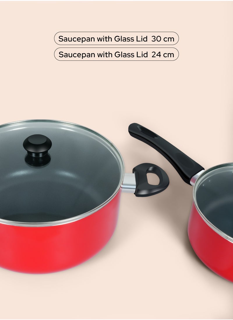 DELICI - 10 Piece Nonstick Aluminium Cookware Set With 10X Tougher Coating, Quick Heat Distribution, Heat Resistant Handles, Includes 30cm&24cm Saucepan With Glass Lids, 28cm Wok Pan With Glass Lid,18cm Milk Pan With Glass Lid,26cm Frypan,1 Pcs Nylon Turner-NCS10R - Image 1