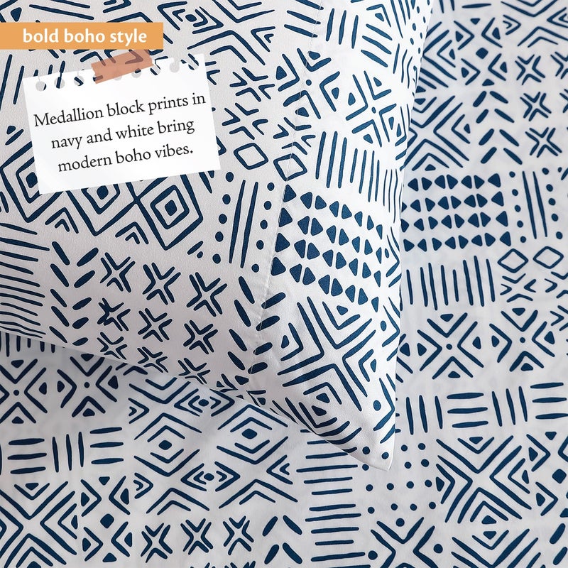Indigo Ink - Twin Size Sheet Set, 3-Piece Boho Geometric Patterned Bedding, Soft & Wrinkle Resistant (White Denim Collection, Navy Blue) - Image 4