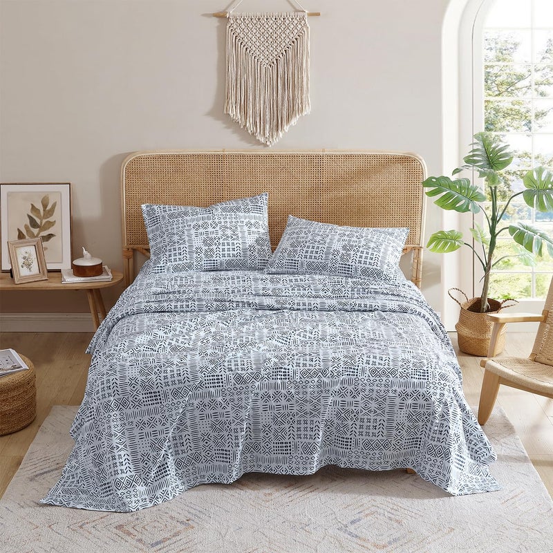 Indigo Ink - Twin Size Sheet Set, 3-Piece Boho Geometric Patterned Bedding, Soft & Wrinkle Resistant (White Denim Collection, Navy Blue) - Image 1