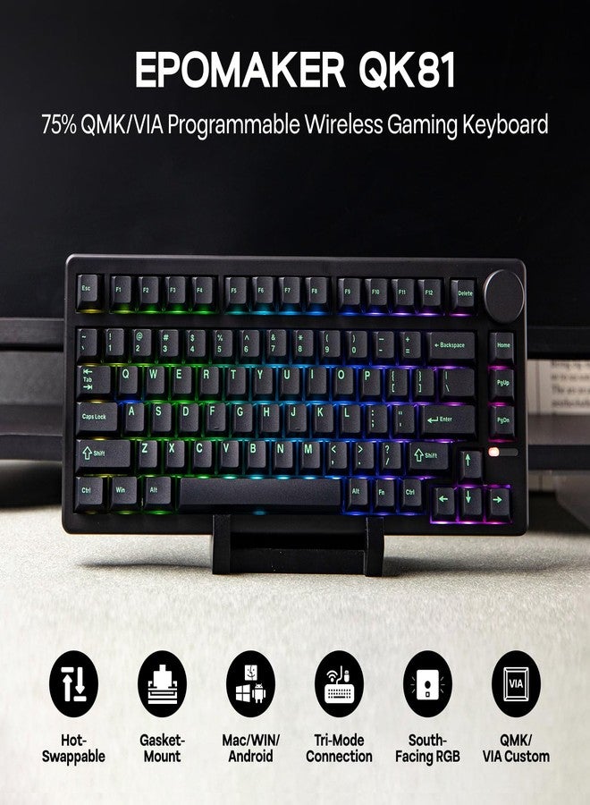 ابوماكر لوحة مفاتيح الألعاب الميكانيكية اللاسلكية EPOMAKER QK81 بنسبة 75%، قابلة للبرمجة بتقنية QMK/VIA وقابلة للتبديل السريع، 81 مفتاحًا بمقبض معدني، 2.4 جيجاهرتز/بلوتوث/USB، تثبيت مانع للتسرب بلون كريمي، إضاءة خلفية RGB (أسود، مفتاح ويستيريا) - Image 2