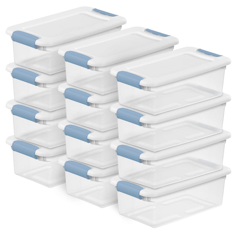 Sterilite 12Pack Latching Box Under Bed Storage Bins with Lids Clear Plastic 6 Quart HeavyDuty Organizing Containers for Closet Bathroom and Office