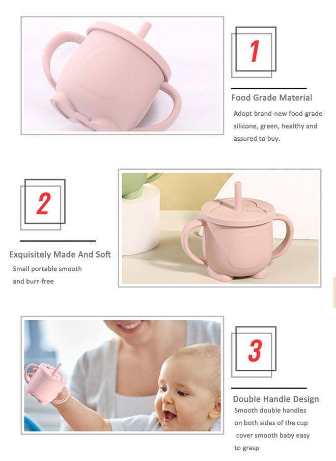 Baby Training Cup, Silicone Training Cup with Handle Lid And Straw, BPA Free, Unbreakable, Spill-Proof, Non-Slip Handle Toddler Sippy Cup