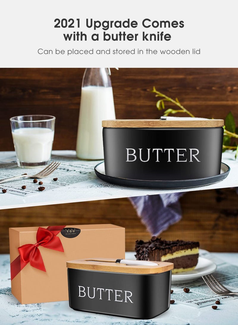 AISBUGUR Butter Dish with Lid, Large, Black, Ceramic, Stainless Steel, Bamboo Lid, Perfect for Kerrygold, Land O'Lakes, Plugra Butter - Image 3