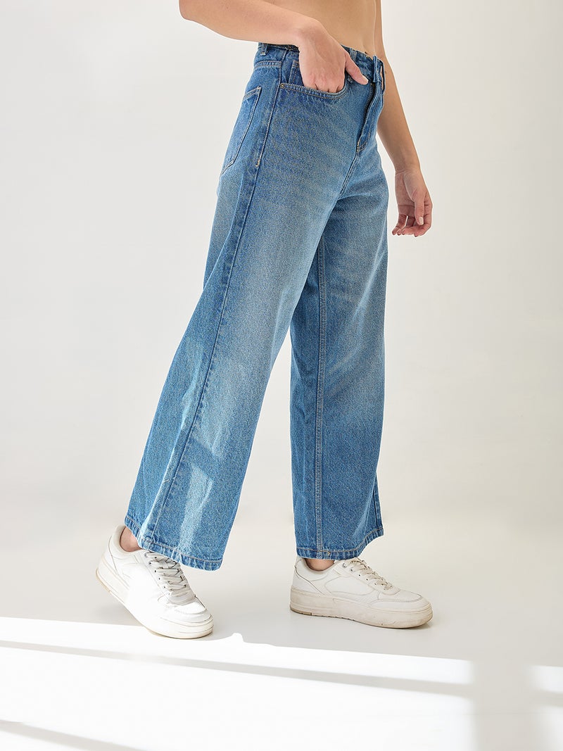 globus Globus Women Cotton Whiskers Effect Mid-Rise Wide Leg Denim Jeans  - Image 3