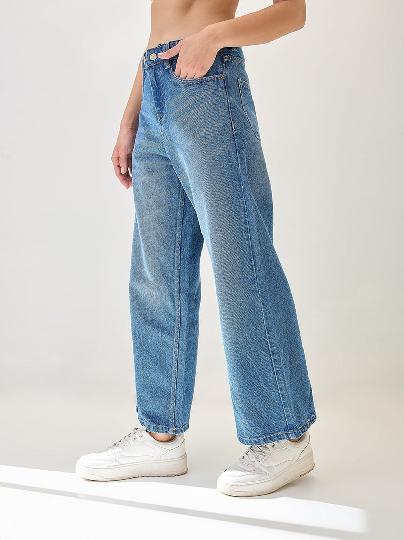 globus Globus Women Cotton Whiskers Effect Mid-Rise Wide Leg Denim Jeans  - Image 4