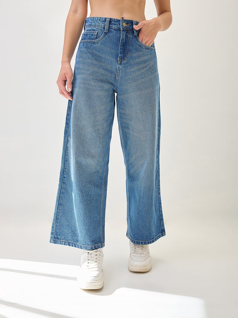 globus Globus Women Cotton Whiskers Effect Mid-Rise Wide Leg Denim Jeans  - Image 2