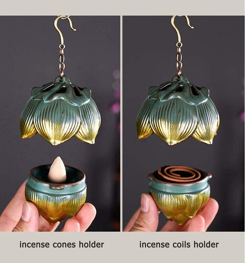 Primst Lotus Furnace Hollow Hanging Ball Incense Burner, Ceramic Backflow Incense Cones and Incense Coil Holder for Home Office Ornament Decoration - Image 4