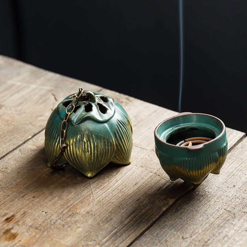 Primst Lotus Furnace Hollow Hanging Ball Incense Burner, Ceramic Backflow Incense Cones and Incense Coil Holder for Home Office Ornament Decoration - Image 2