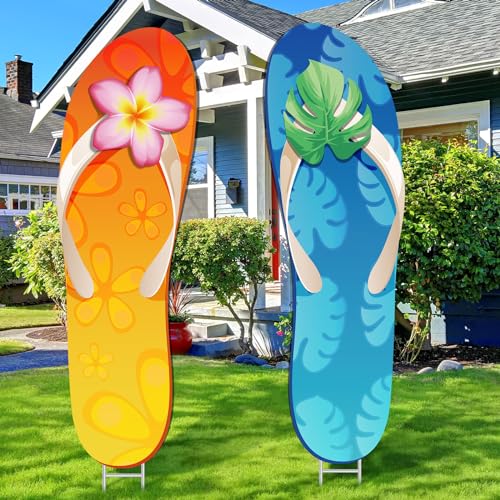 Beeveer 2 Pcs Summer Yard Decorations Outdoor Flip Flops Decoration Summer Slippers Floral Palm Tree Leaves Waterproof Courtyard Yard Signs with Stake Garden Lawn Hawaiian Party Baby Shower Decoration - Image 1