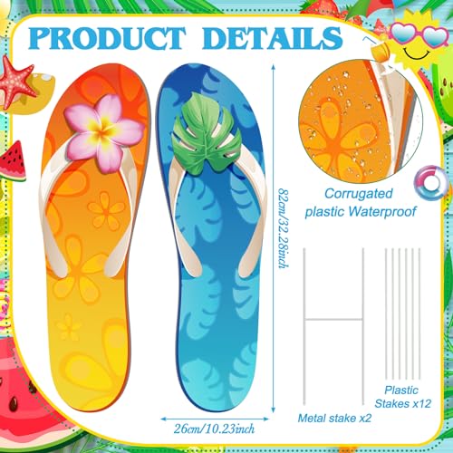 Beeveer 2 Pcs Summer Yard Decorations Outdoor Flip Flops Decoration Summer Slippers Floral Palm Tree Leaves Waterproof Courtyard Yard Signs with Stake Garden Lawn Hawaiian Party Baby Shower Decoration - Image 3