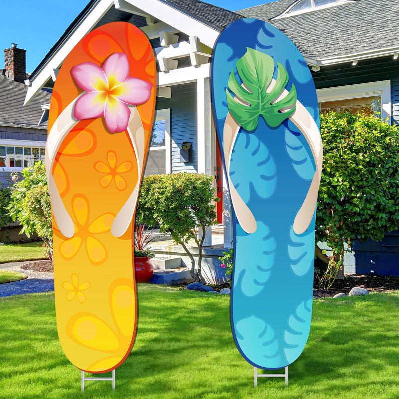 Beeveer 2 Pcs Summer Yard Decorations Outdoor Flip Flops Decoration Summer Slippers Floral Palm Tree Leaves Waterproof Courtyard Yard Signs with Stake Garden Lawn Hawaiian Party Baby Shower Decoration - Image 2