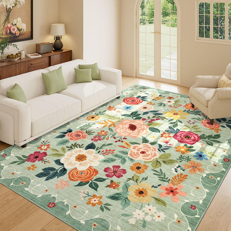 DUKINO 5x7 Area Rug, Floral Rugs for Living Room, Lightweight Non Slip Washable Rug, Indoor Low Pile & Non-Shedding Boho Design Rugs for Bedroom, Living Room, Dining Room, Green - Image 2