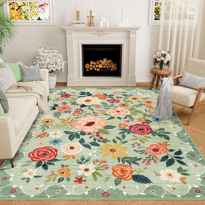 DUKINO 5x7 Area Rug, Floral Rugs for Living Room, Lightweight Non Slip Washable Rug, Indoor Low Pile & Non-Shedding Boho Design Rugs for Bedroom, Living Room, Dining Room, Green - Image 1