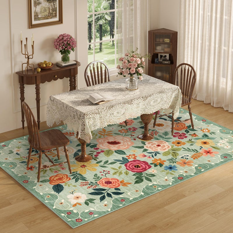 DUKINO 5x7 Area Rug, Floral Rugs for Living Room, Lightweight Non Slip Washable Rug, Indoor Low Pile & Non-Shedding Boho Design Rugs for Bedroom, Living Room, Dining Room, Green - Image 3