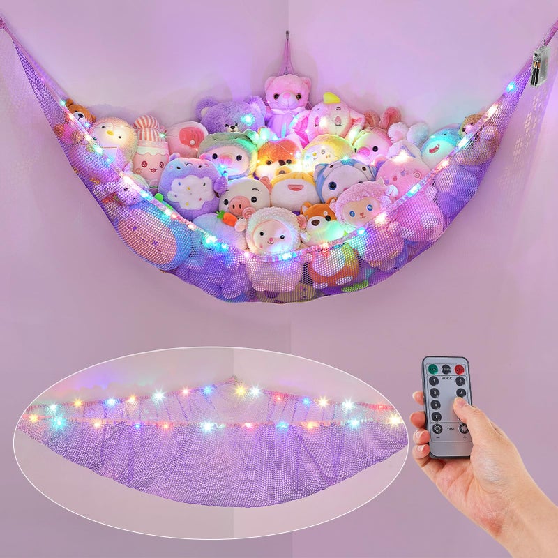 Basumee Stuffed Animals Net or Hammock with LED Light Hanging Toy Net Hammock for Stuffed Animals Storage Stuff Animals Hammocks for Nursery Kids Room with Remote Control 8 Kinds of LightsPack of 1